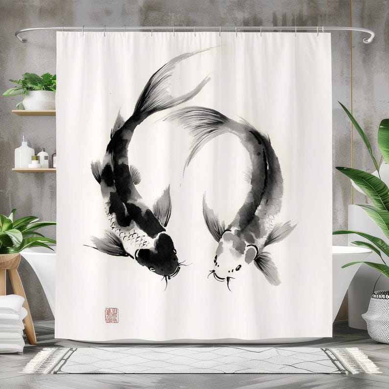 Japanese Home Bathroom Design - Fish Shower Curtain, Waterproof Fabric Bath