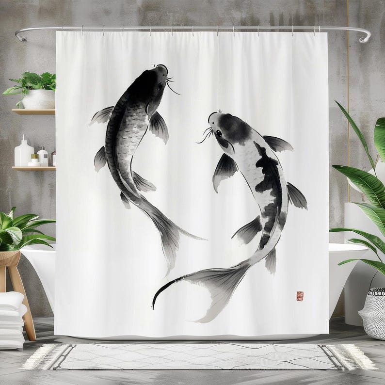 Fish Shower Curtain, Waterproo - огляд і ціна Japanese Home Bathroom Design